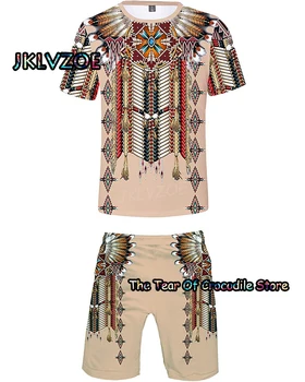 Новый Летний Мужской костюм, Повседневная футболка с принтом + пляжные шорты, Костюм, мужская модная футболка с круглым вырезом, 2 предмета, Африканский стиль XXS-6XL