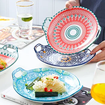 Богемная керамическая тарелка, ручная роспись эмалью, 11-дюймовая цветная двойная ушная пластина для домашней выпечки
