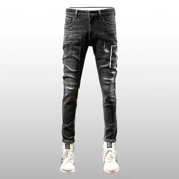 Высокие Уличные Модные Мужские джинсы В стиле Ретро, черные, Серые, Стрейчевые, облегающие, Рваные Джинсы, Мужские Дизайнерские брюки в стиле хип-хоп с заплатками, Мужские брюки Hombre