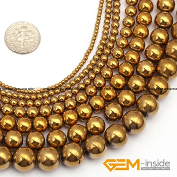 Гематитовые круглые бусины с золотым металлическим покрытием, Нитка 15 Дюймов, модный браслет 