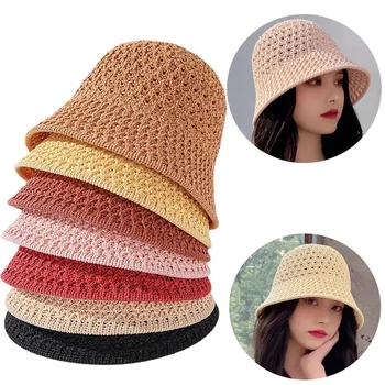 Новая панама Весенне-летняя полая вязаная шапка Однотонная Солнцезащитная шляпа Рыбацкие кепки Повседневная складная пляжная кепка