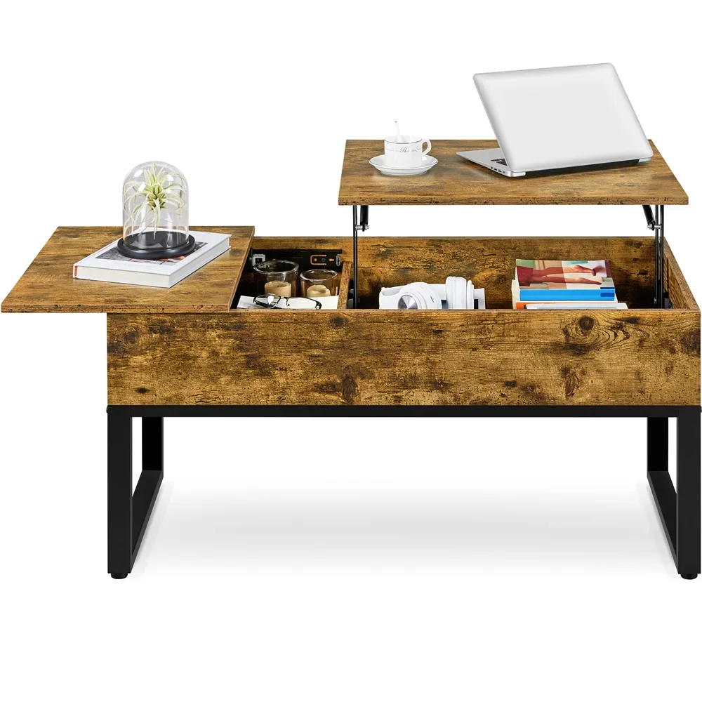 Прямоугольный деревянный журнальный столик с откидной столешницей, небольшого пространства, коричневого цвета в деревенском стиле, который можно поднимать и опускать за счет места для хранения